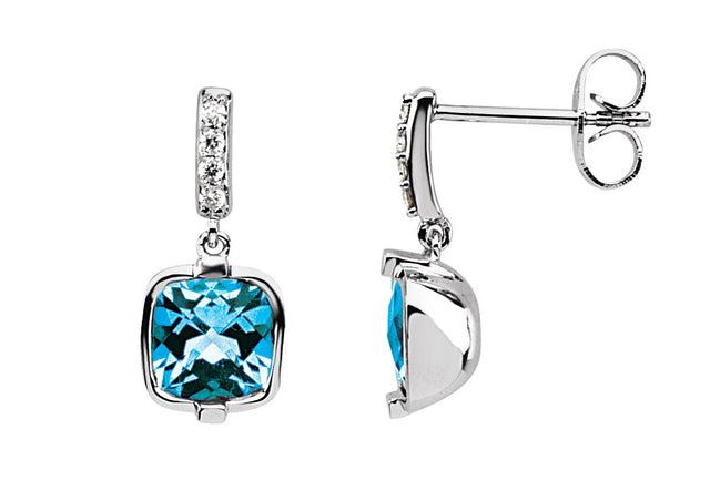 14K Gold Cushion Natural Swiss Blue Topaz & Natural Diamond Accented Earrings