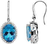 14K Gold Oval Natural Swiss Blue Topaz Halo-Style Earrings