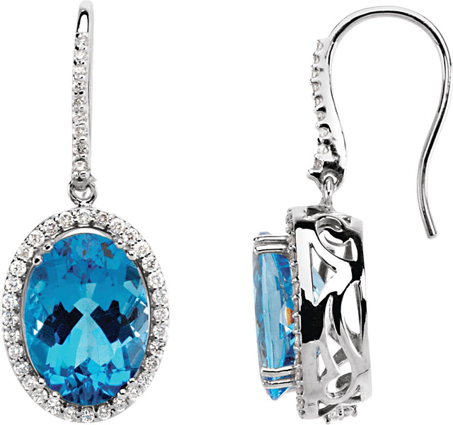 14K Gold Oval Natural Swiss Blue Topaz Halo-Style Earrings