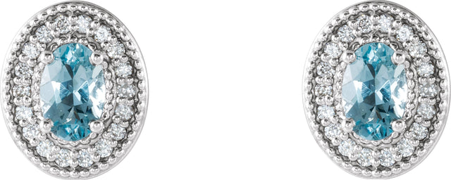 14K Gold Natural Aquamarine & Natural Diamond Oval 4-Prong Halo-Style Earrings - White Gold - view 2