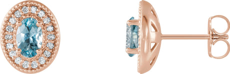 14K Gold Natural Aquamarine & Natural Diamond Oval 4-Prong Halo-Style Earrings - Rose Gold