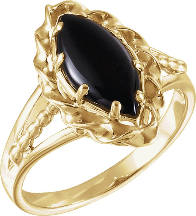 14K Gold Marquise Natural Onyx Cabochon Ring - Yellow Gold