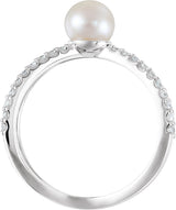 14K Gold Cultured White Freshwater Pearl & Natural Diamond Pearl Ring - White Gold - view 2