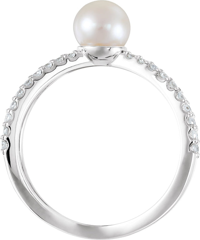 14K Gold Cultured White Freshwater Pearl & Natural Diamond Pearl Ring - White Gold - view 2