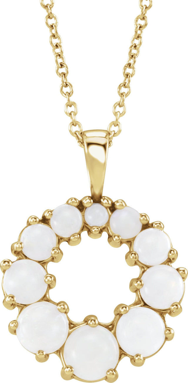 14K Gold Round Natural White Opal Halo-Style Necklace or Pendant - Yellow Gold