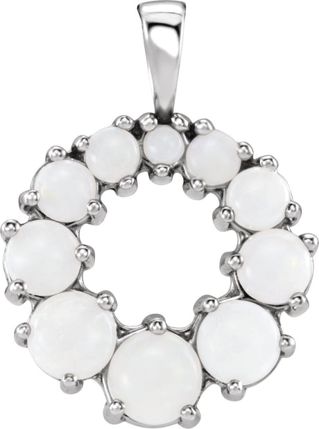 14K Gold Round Natural White Opal Halo-Style Necklace or Pendant - White Gold