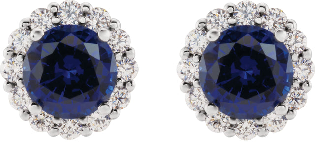 14K Gold Lab-Grown Blue Sapphire & Natural Diamond Round 4-Prong Halo-Style Earrings – 3.5-8mm Stones - White Gold - view 2
