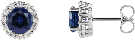 14K Gold Lab-Grown Blue Sapphire & Natural Diamond Round 4-Prong Halo-Style Earrings – 3.5-8mm Stones - White Gold