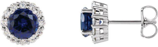 Platinum Lab-Grown Blue Sapphire & Natural Diamond Round 4-Prong Halo-Style Earrings – 3.5-8mm Stones