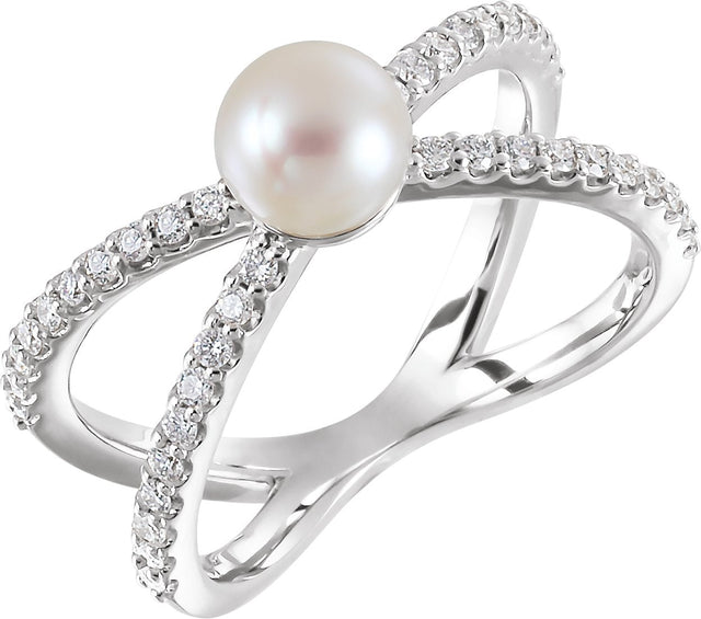 14K Gold Cultured White Freshwater Pearl & Natural Diamond Pearl Ring - White Gold