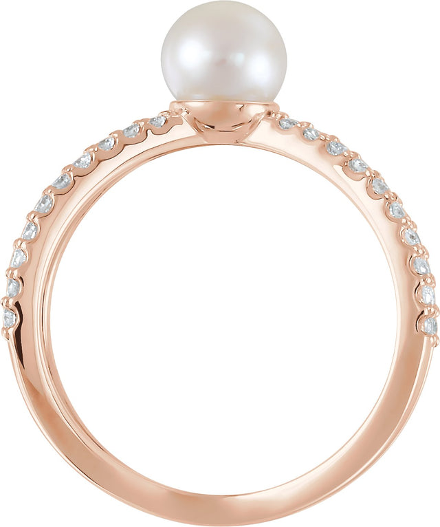 14K Gold Cultured White Freshwater Pearl & Natural Diamond Pearl Ring - Rose Gold - view 2