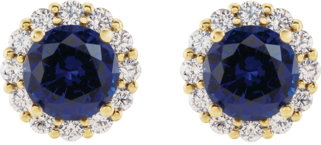 14K Gold Lab-Grown Blue Sapphire & Natural Diamond Round 4-Prong Halo-Style Earrings – 3.5-8mm Stones - Yellow Gold - view 2