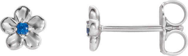 14K Gold Round Blue Sapphire Youth Flower Earrings - White Gold