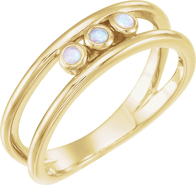 14K Gold Round Natural White Opal Three-Stone Bezel-Set Ring - Yellow Gold