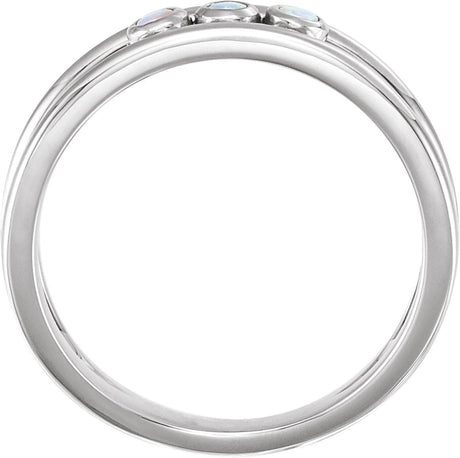 Platinum Round Natural White Opal Three-Stone Bezel-Set Ring - view 2