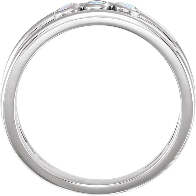 14K Gold Round Natural White Opal Three-Stone Bezel-Set Ring - White Gold - view 2