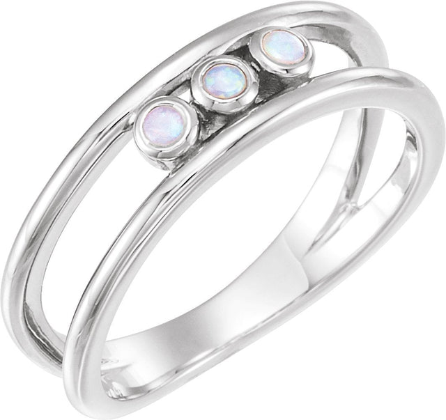 14K Gold Round Natural White Opal Three-Stone Bezel-Set Ring - White Gold