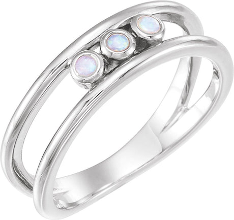Platinum Round Natural White Opal Three-Stone Bezel-Set Ring
