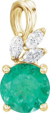 14K Gold Round Natural Emerald & Natural Diamond Accented Floral Necklace or Pendant - Yellow Gold