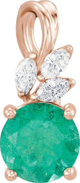 14K Gold Round Lab-Grown Emerald & Natural Diamond Accented Floral Necklace or Pendant - Rose Gold