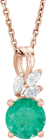14K Gold Round Lab-Grown Emerald & Natural Diamond Accented Floral Necklace or Pendant - Rose Gold
