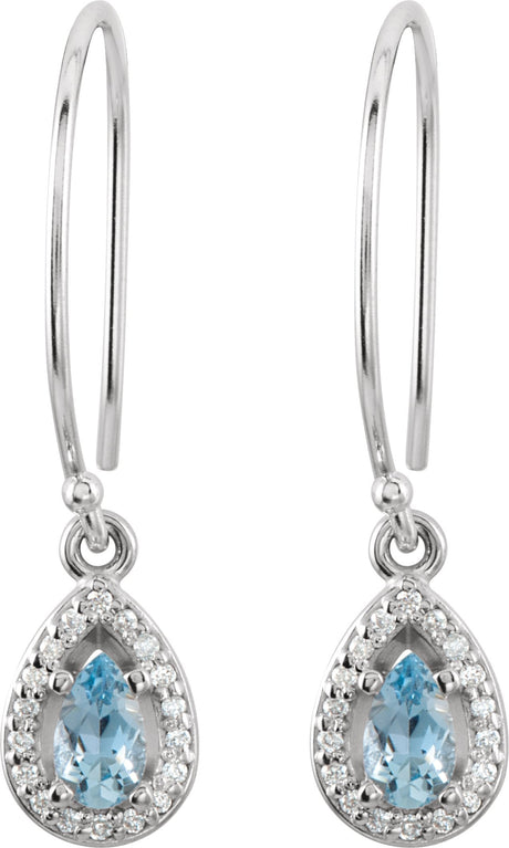 14K Gold Pear Natural Aquamarine & Natural Diamond Halo-Style Earrings - view 2