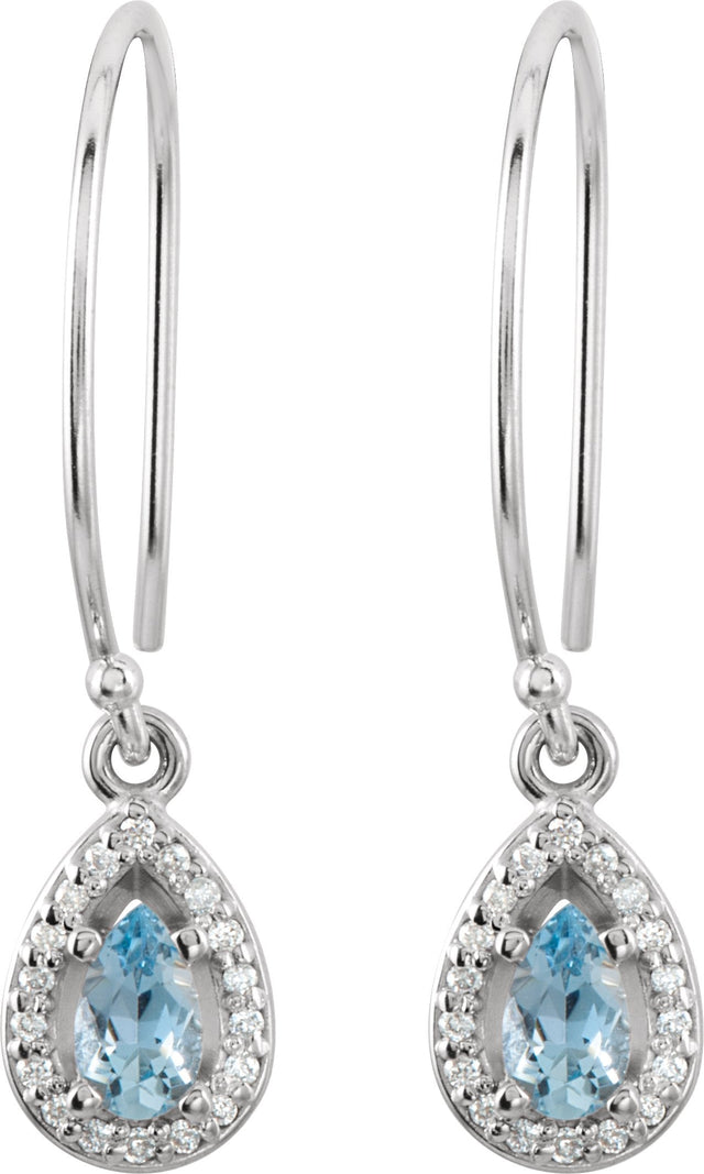 14K Gold Pear Natural Aquamarine & Natural Diamond Halo-Style Earrings - view 2