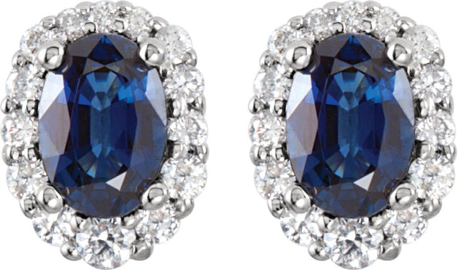 14K Gold Oval Natural Blue Sapphire & Natural Diamond Halo-Style Earrings – 6x4mm - view 2