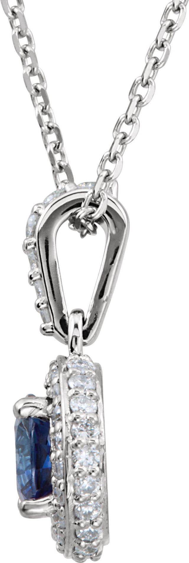 Platinum Round Natural Blue Sapphire Halo-Style Necklace - view 4