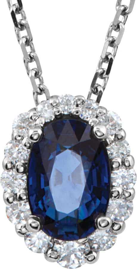 14K Gold Oval Natural Blue Sapphire & Natural Diamond Halo-Style Necklace or Pendant