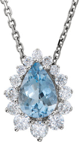 14K Gold Pear Natural Aquamarine & Natural Diamond Graduated Halo-Style Necklace or Pendant