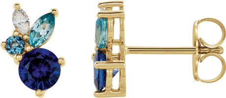 14K Gold Round Natural Blue Sapphire & Natural Aquamarine & Natural Blue Zircon & Natural Diamond Multi-Shape Earrings - Yellow Gold