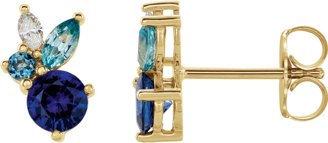 14K Gold Round Natural Blue Sapphire & Natural Aquamarine & Natural Blue Zircon & Natural Diamond Multi-Shape Earrings - Yellow Gold