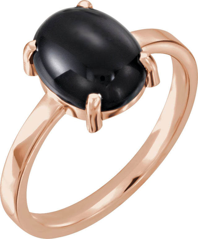 14K Gold Oval Natural Black Onyx Cabochon Solitaire Ring - Rose Gold