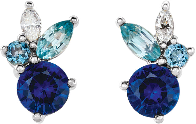 Platinum Round Natural Blue Sapphire & Natural Aquamarine & Natural Blue Zircon & Natural Diamond Multi-Shape Earrings - view 2