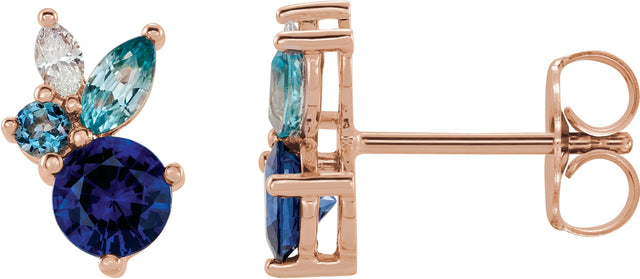 14K Gold Round Natural Blue Sapphire & Natural Aquamarine & Natural Blue Zircon & Natural Diamond Multi-Shape Earrings - Rose Gold