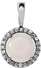 14K Gold Natural White Opal & Natural Diamond Round 4-Prong Halo-Style Cabochon Pendant - White Gold