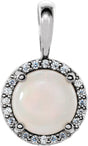 Platinum Natural White Opal & Natural Diamond Round 4-Prong Halo-Style Cabochon Pendant