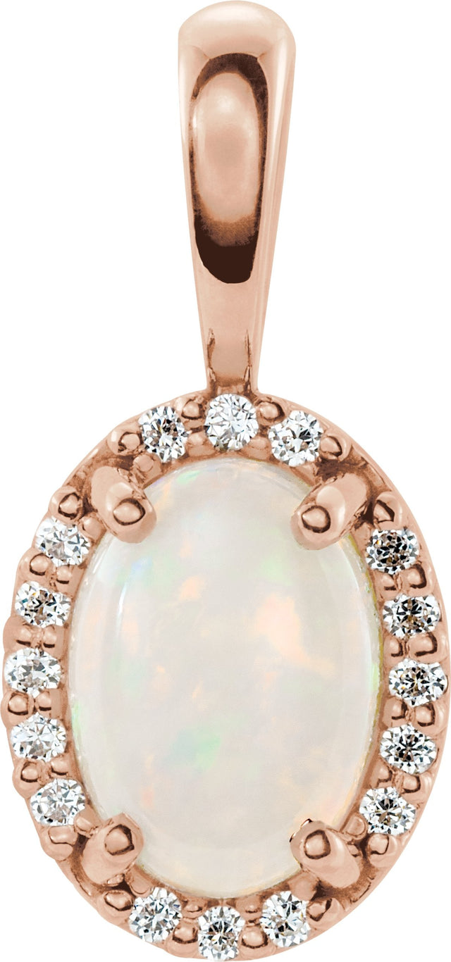 14K Gold Natural White Opal & Natural Diamond Oval 4-Prong Halo-Style Cabochon Pendant - Rose Gold