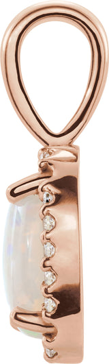 14K Gold Natural White Opal & Natural Diamond Oval 4-Prong Halo-Style Cabochon Pendant - Rose Gold - view 2