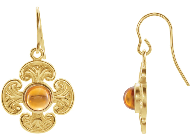 14K Gold Round Natural Citrine Maltese Cross Earrings - Yellow Gold