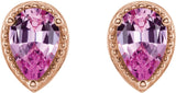 14K Gold Pear Natural Pink Sapphire Beaded Solitaire Earrings - Rose Gold - view 2