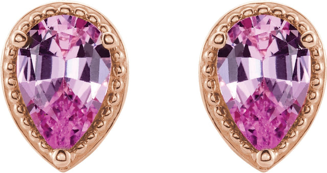 14K Gold Pear Natural Pink Sapphire Beaded Solitaire Earrings - Rose Gold - view 2