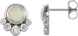 14K Gold Round Natural Opal & Natural Diamond Accented Cabochon Earrings - White Gold
