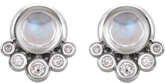 14K Gold Round Natural Rainbow Moonstone & Natural Diamond Accented Cabochon Earrings – 5mm Stones - White Gold - view 2