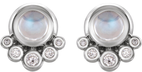 Platinum Round Natural Rainbow Moonstone & Natural Diamond Accented Cabochon Earrings – 5mm Stones - view 2