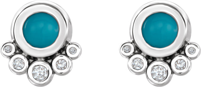 14K Gold Round Natural Turquoise & Natural Diamond Accented Cabochon Earrings – 5mm Stones - White Gold - view 2