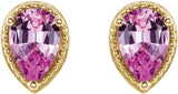 14K Gold Pear Natural Pink Sapphire Beaded Solitaire Earrings - Yellow Gold - view 2