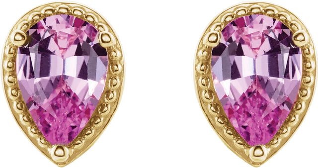 14K Gold Pear Natural Pink Sapphire Beaded Solitaire Earrings - Yellow Gold - view 2
