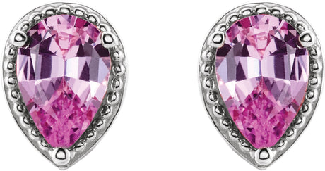Platinum Pear Natural Pink Sapphire Beaded Solitaire Earrings - view 2